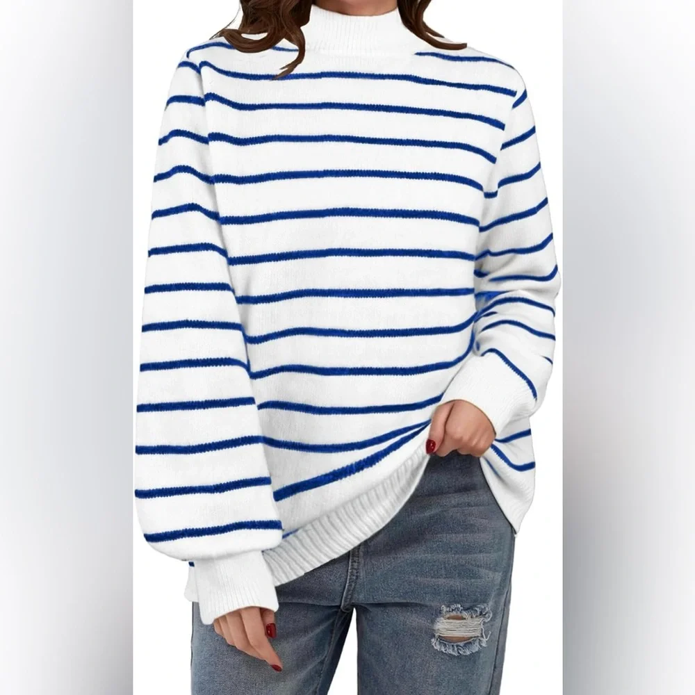 Cozy White & Blue Striped High Collar Sweaterđź’™ - Picture 1 of 3